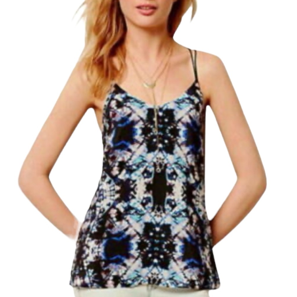 Maeve Anthropologie Black and Blue Silk Kaleidoscope Print Tank Top
